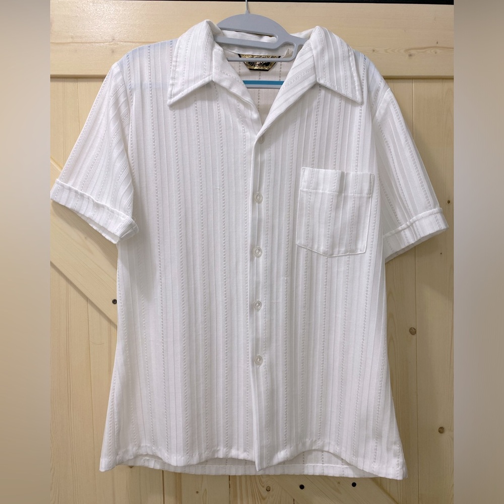 😍Triumph of California Beach Vertical Stripe White Button-Down Short Sleeve Top